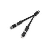 A black 4-in-1 braided charging cable with a keyring, featuring multiple connector types.