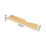 A wide-tooth beech wood comb in a natural wood finish, measuring 19 cm by 4.2 cm.