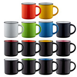 A set of colourful mugs in red, yellow, green, blue, white, black, and pink, featuring contrasting rims and handles.