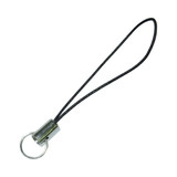 A black mini lanyard features a metal end with a ring for attachment. Simple and sleek design for events.