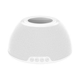 A white wireless charging speaker with a textured mesh design and control buttons at the base.