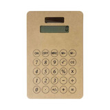 A tan eco-friendly solar calculator featuring a digital display and a numerical keypad.