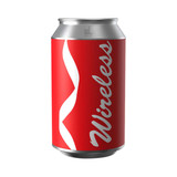 A red drink can featuring a wavy white design and the word "Wireless." It has a silver top and branding.