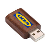 A USB data blocker with a wooden finish and a logo. It has a standard USB connector.