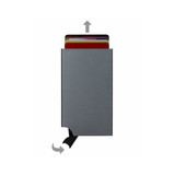 A grey RFID case with cards partially revealed at the top, featuring a pull tab and a logo.