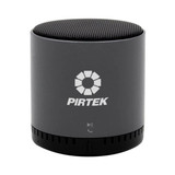 A grey cylindrical speaker featuring a mesh top and a logo, designed for Bluetooth connectivity.