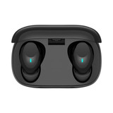 A pair of black Aria Pro ENC TWS earbuds inside a charging case, featuring a logo and indicator lights.