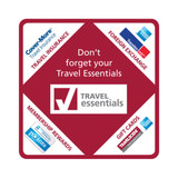 A red and white coaster featuring a central logo for "Travel Essentials" and icons for travel insurance, foreign exchange, membership rewards, and gift cards.