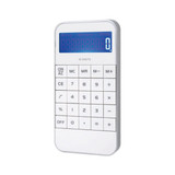 A white calculator with a blue display and numerous buttons, featuring a logo on its surface.