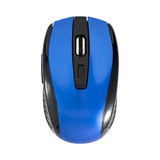 A wireless mouse in vibrant blue with black accents, featuring a scroll wheel and buttons. It has a logo on it.
