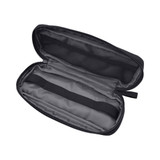 A black eco accessory pouch with a zippered closure and grey interior, featuring elastic straps and mesh pockets.