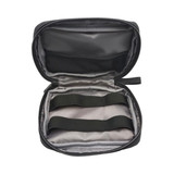 A black eco accessory pouch with a zippered opening, featuring elastic straps inside for organisation.