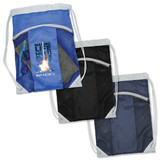 A set of three drawstring bags in blue and black, featuring mesh sides and a logo.