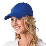 A blue heavy brushed cotton cap featuring a curved brim and a logo on the front.