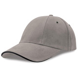 A grey cap with a curved brim and contrasting trim, featuring a logo on the side.