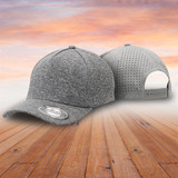 A grey cap featuring a textured fabric and a perforated back, with a logo on the front.