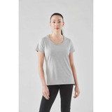 A grey women's short sleeve tee in a relaxed fit, featuring a round neckline and a subtle branding logo.