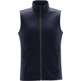 A navy blue softshell vest with a high collar and side zip pockets. It features a logo on the chest.