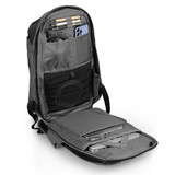 A grey backpack with multiple compartments, including space for a laptop and pockets for pens and a phone.