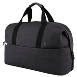 A dark grey duffle bag with black straps, featuring a logo and a zippered closure.