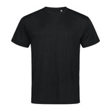 A black men's T-shirt made from active cotton, featuring a simple design and a logo on the label.