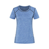A blue athletic T-shirt with short sleeves and contrasting seams, featuring a logo.