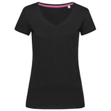 A black women's t-shirt featuring a V-neck design and short sleeves, with a hint of pink on the neckline.