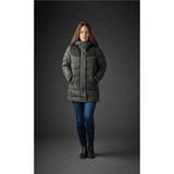 A long-sleeved, hooded women's parka in dark grey with a contrasting black panel, styled for outerwear.
