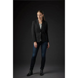 A women's black knit blazer with a single button, worn over a light top and paired with dark jeans and ankle boots.