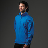 A blue rain jacket for men with a zippered front and stand-up collar, featuring a logo.