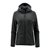 A women's full zip hoody in dark grey featuring a hood and zippered pockets, with branding present.