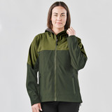 A green women's jacket with a hood and zip, featuring a darker green panel across the chest and branding.