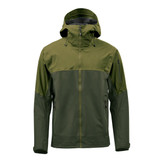 A men's rain jacket in dark green and olive, featuring a hood and multiple zippered pockets. The jacket has a branding logo.