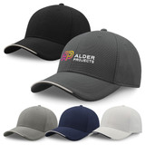 A collection of caps in black, grey, navy, and light grey, featuring a logo on the front of the grey cap.