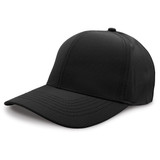 A black cap with a structured design and a curved brim. Features a logo on the side.