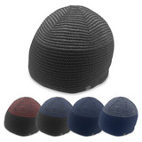 A collection of beanies in various colours including black, navy, and striped patterns, with a logo on each.