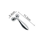 A chrome facial roller with two spherical ends, measuring 11.2 cm in length and 5.4 cm in width.