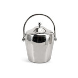 A stainless steel cooler bucket with a shiny finish and a hinged handle. The lid is domed with a decorative knob.