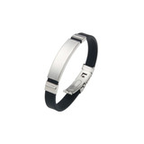 A silver and black folding lock clasp bangle with a sleek metal design and smooth rubber band.