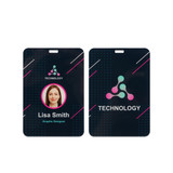 An acrylic name tag featuring a dark background, a photo placeholder, and a logo with pink and green accents.