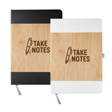 Two Axis Notebooks with bamboo covers, one in black and one in white, featuring a design with a pen icon.
