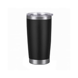 A drink bottle featuring a matte black exterior, stainless steel base, and a clear lid. The bottle also has a logo.