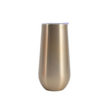 A drink bottle with a sleek, gold metallic finish and a clear lid. It has a simple, elegant design and a logo.