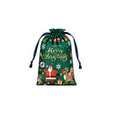 A green polyester drawstring gift bag featuring Christmas designs, including Santa, reindeer, and presents.