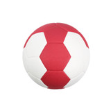 A red and white handball featuring a stitched hexagonal design and a branding logo.