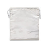 A medium satin gift bag in shiny white featuring drawstring closures and a smooth surface.