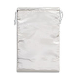 A large satin gift bag in white, featuring a drawstring closure and a smooth, shiny surface.