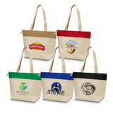 A cotton cooler tote in various colours, featuring multiple designs and a logo on each bag.