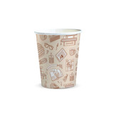 A compostable paper cup, 230ml, featuring a beige design with various illustrated items. It has a logo.