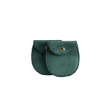 A pair of oval velvet jewelry pouches in dark green, featuring a button closure and a stitched edge.